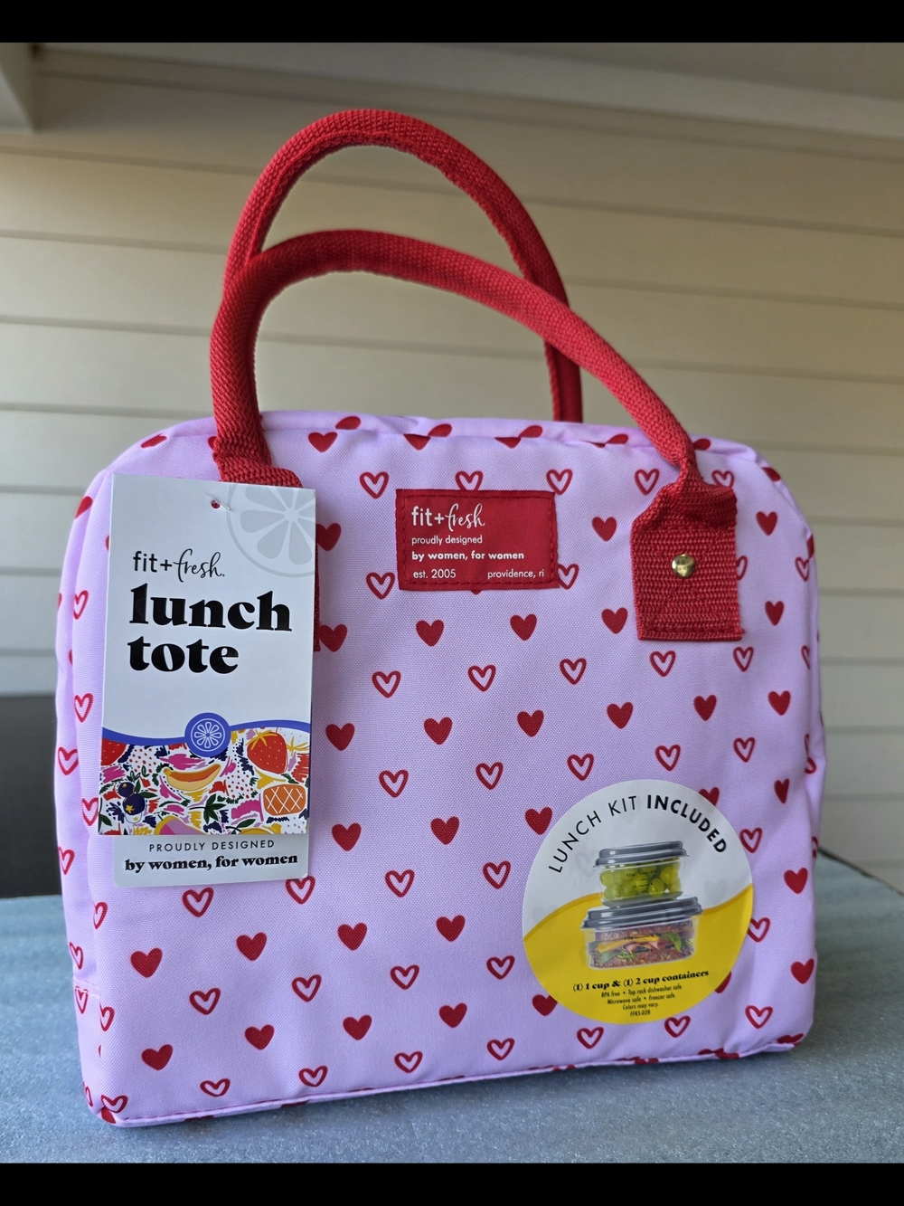 fit+fresh Pink Heart Lunch Tote with Red Handles